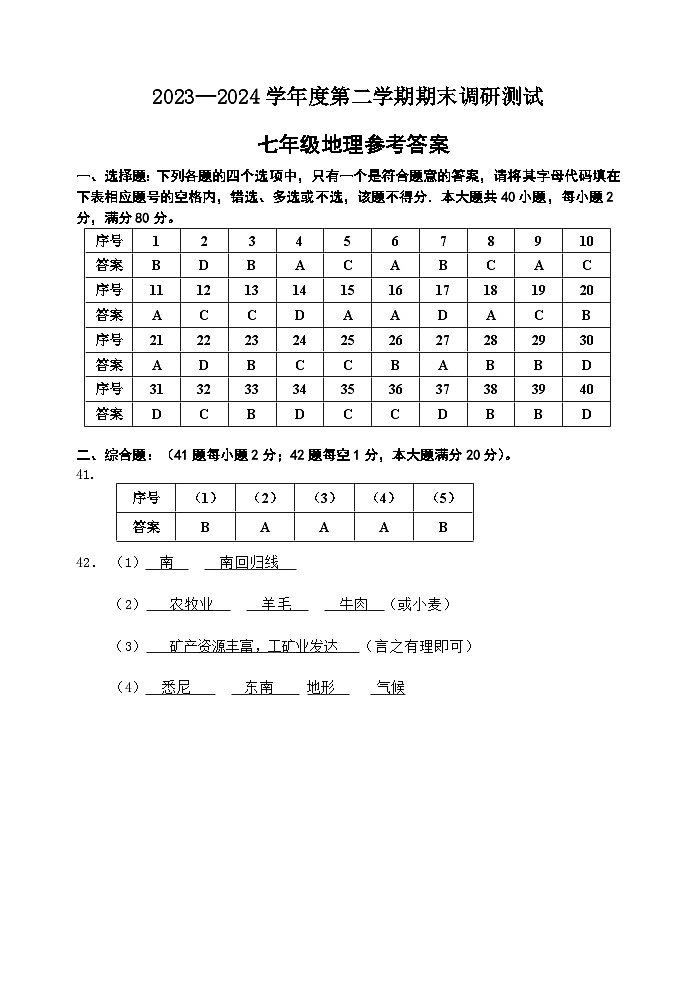 2024七下期末地理参考答案第1页