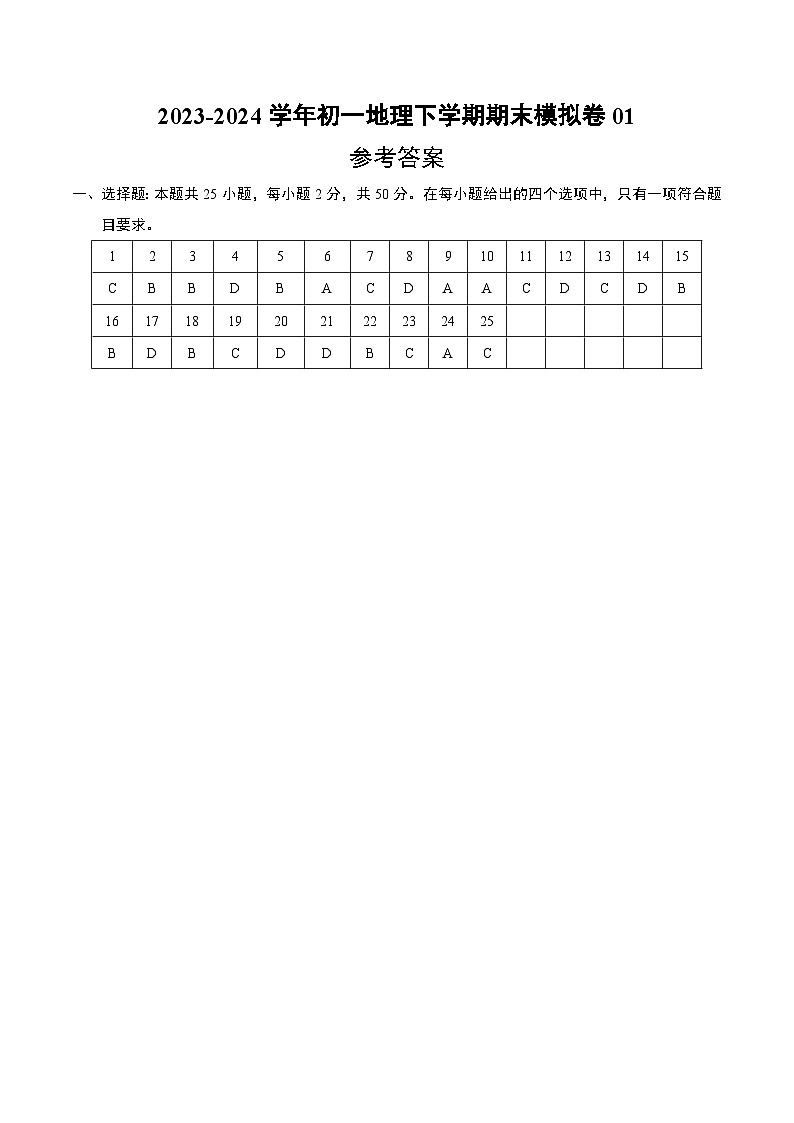 2023-2024学年初中下学期初一地理期末模拟卷（参考答案）第1页