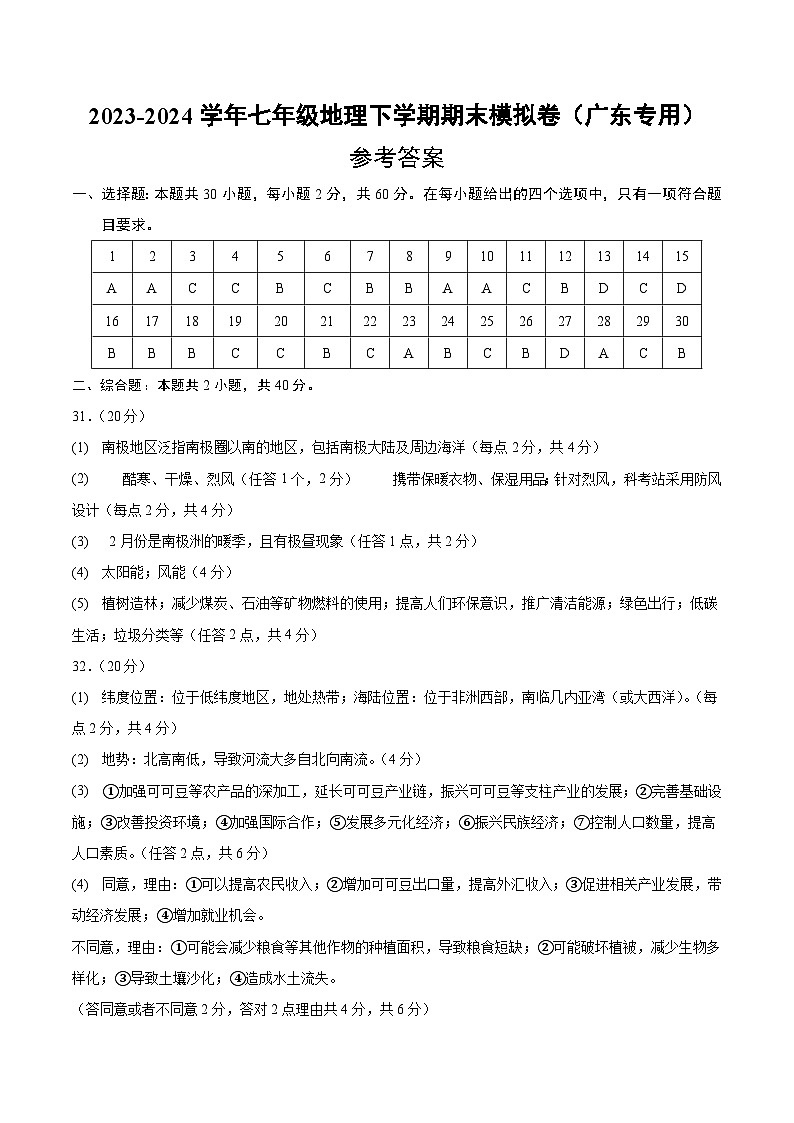2023-2024学年初中下学期七年级地理期末模拟卷（参考答案）（广东）第1页
