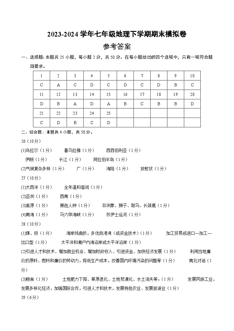 2023-2024学年初中下学期七年级地理期末模拟卷（参考答案）（徐州）01