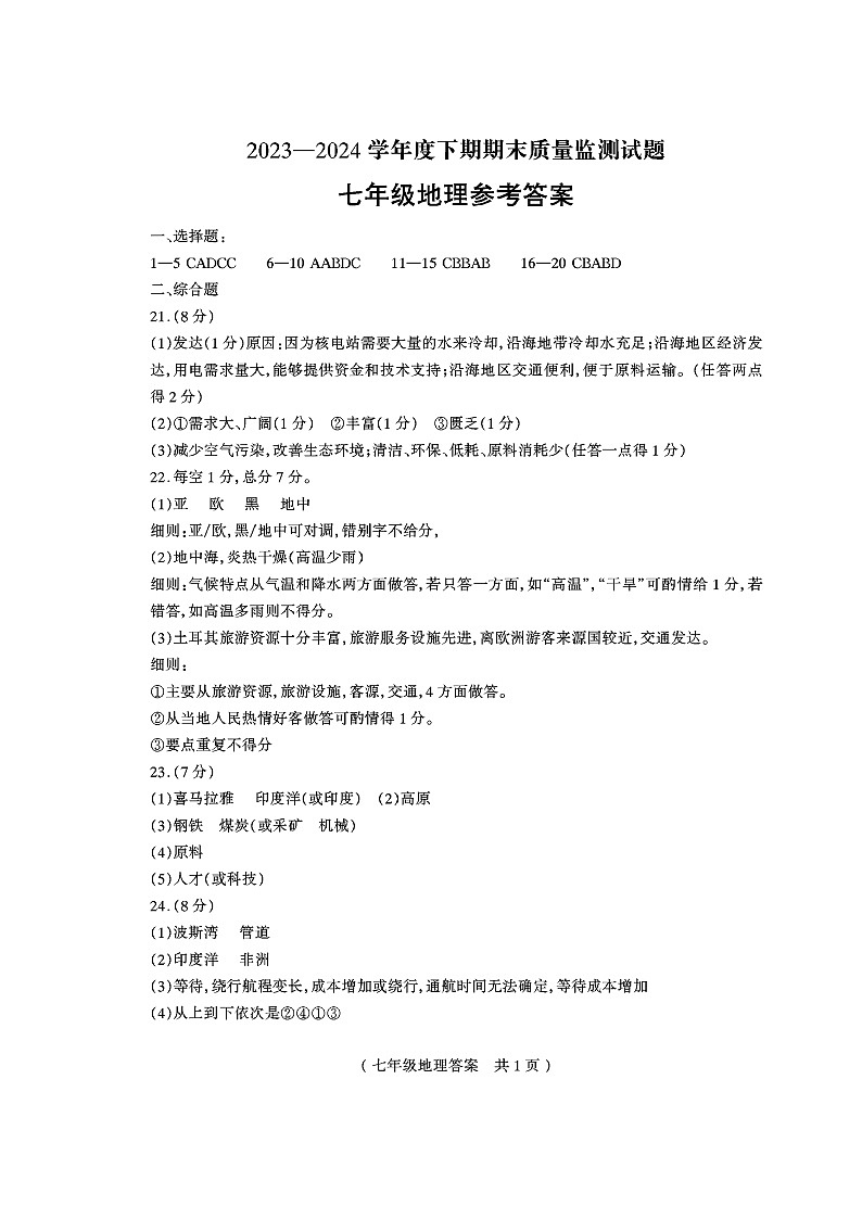 河南省驻马店市正阳县2023-2024学年七年级下学期期末质量检测地理试卷01