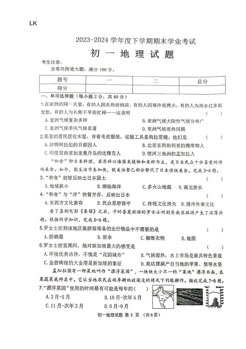 黑龙江省齐齐哈尔市部分学校2023-2024学年七年级下学期期末地理试题01