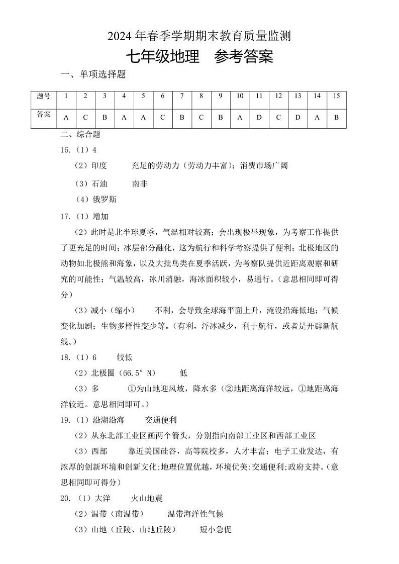 广西玉林市玉州区2023-2024学年七年级下学期期末考试地理试题01