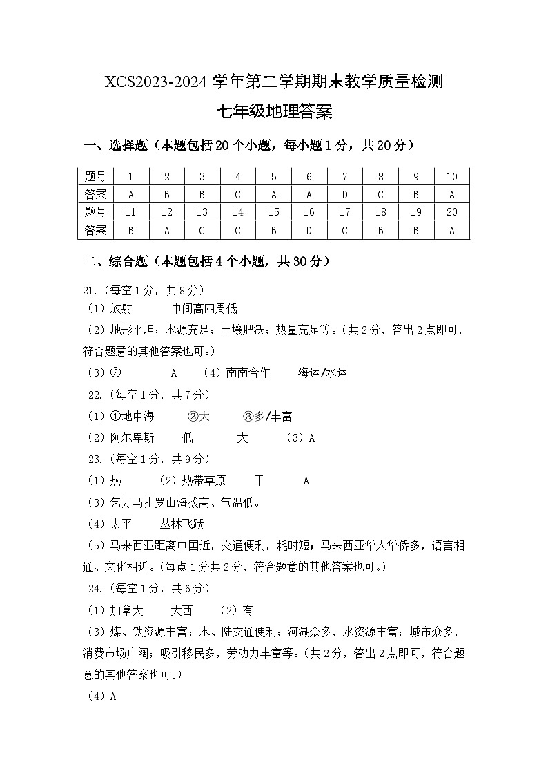 XCS2024七年级下册地理答案第1页