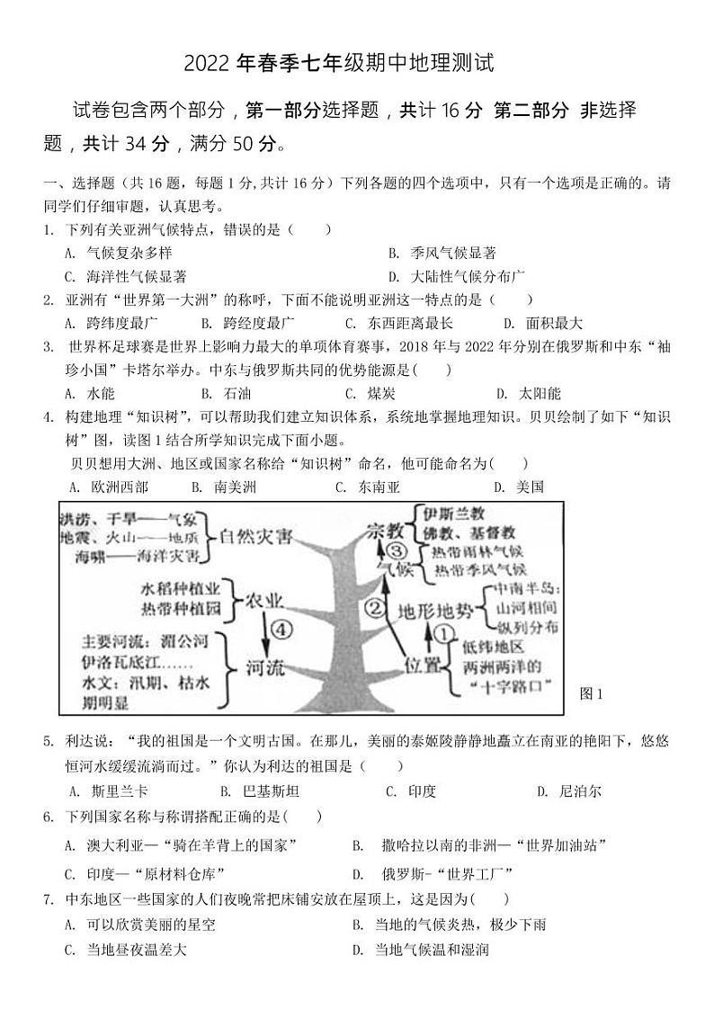 吉林省辽源市2021-2022学年七年级下学期期中地理试卷01