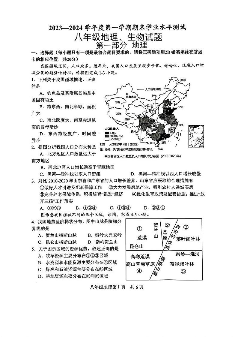 山东省菏泽市巨野县2023-2024学年八年级上学期期末考试 地理生物试题01