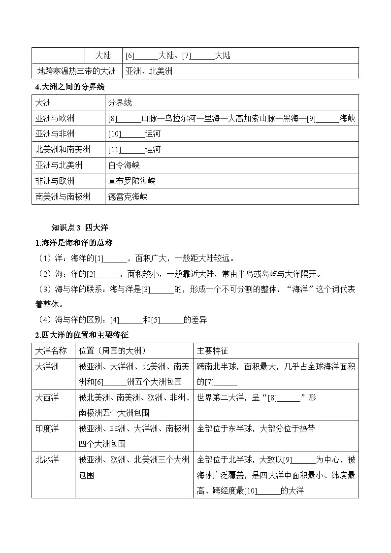 人教版（2024）七年级上册地理第三章陆地和海洋3.1大洲和大洋 导学案（含答案）02