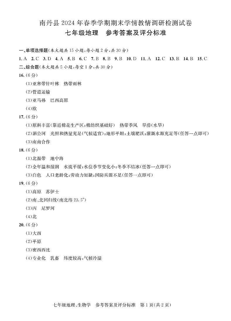 广西河池市南丹县2023-2024学年七年级下学期期末地理试题01