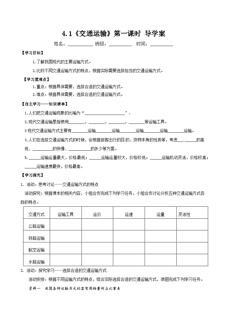人教版初中地理八年级上册 4.1.1 交通运输（课件+教案+练习+导学案）01