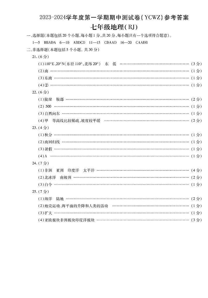 河南省永城市第五初级中学2023-2024学年七年级上学期期中地理试题01