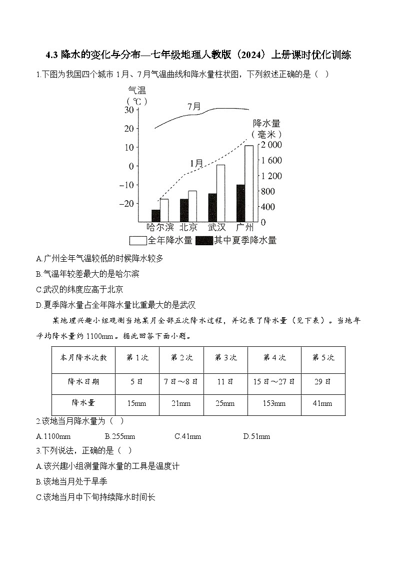 4.3降水的变化与分布（含解析）2024-2025学年地理人教版（2024）七年级上册课时优化训练第1页