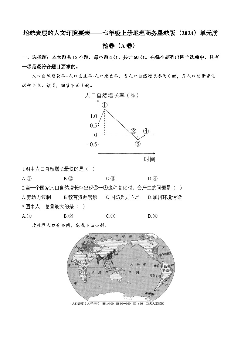 【新教材】商务星球版地理七上第5章 地球表层的人文环境要素 单元质检卷（A卷）（含解析）第1页