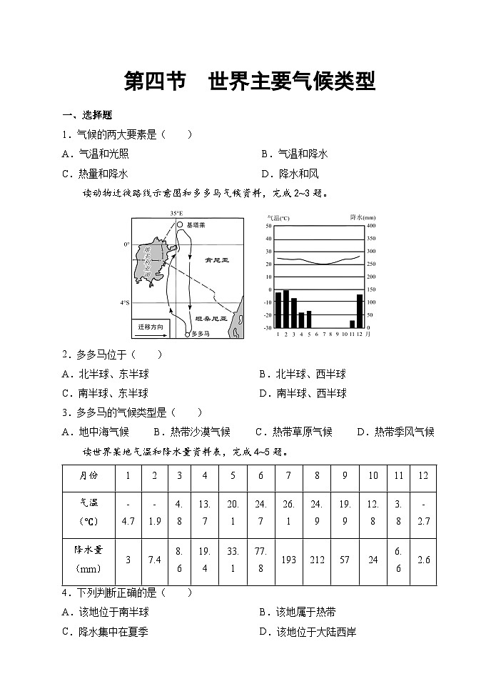 【习题】湘教版（2024）七年级上册 《世界主要气候类型》分层练习01