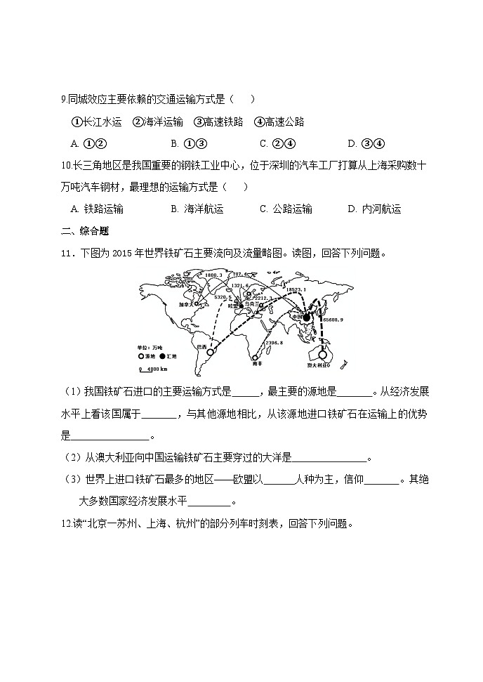 【习题】湘教版（2024）七年级上册 《探究与实践  交通运输在全球经济发展中的作用》分层练习03