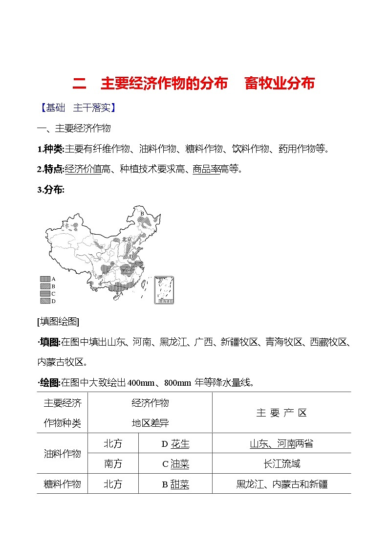 第四章 第一节  农业第二课时主要经济作物的分布　畜牧业分布 学案 初中地理湘教版八年级上册01