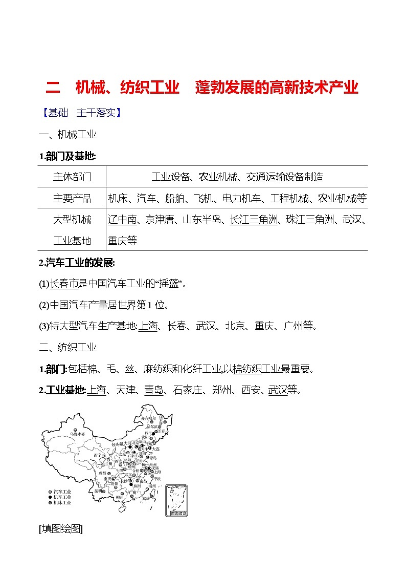 第四章第二节 工业第二课时 机械、纺织工业　蓬勃发展的高新技术产业 学案 初中地理湘教版八年级上册01