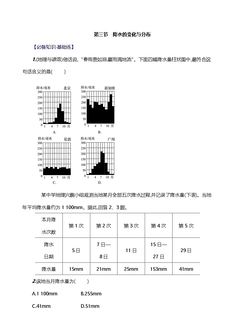 【人教新版】初中地理7年级上册《降水的变化与分布》素养分层评价试卷（含答案）01