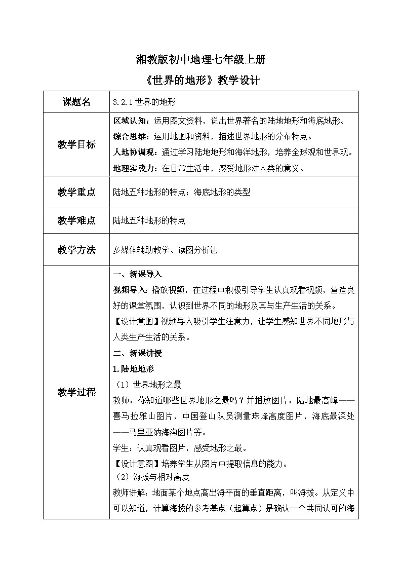 3.2.1世界的地形（第一课时- 陆地地形和海底地形）（课件+教案）-2024湘教版地理七年级上册01