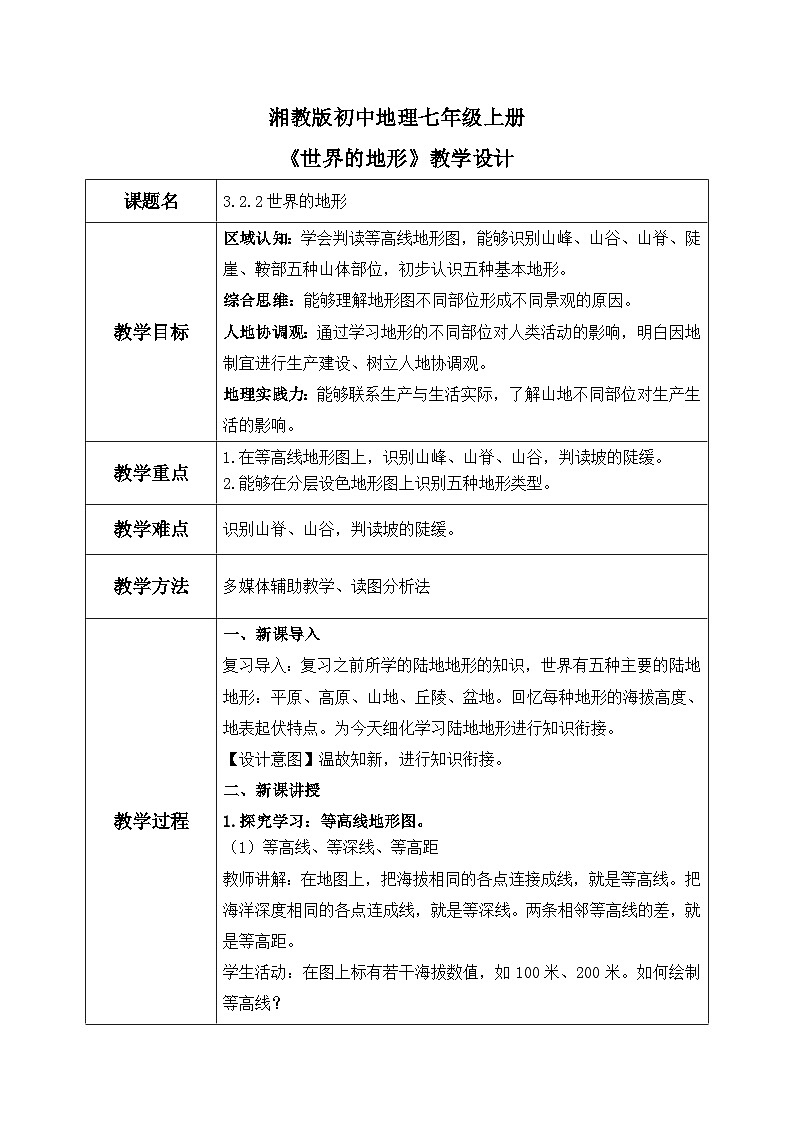 3.2.2世界的地形（第二课时- 学看地形图）（课件+教案）-2024湘教版地理七年级上册01
