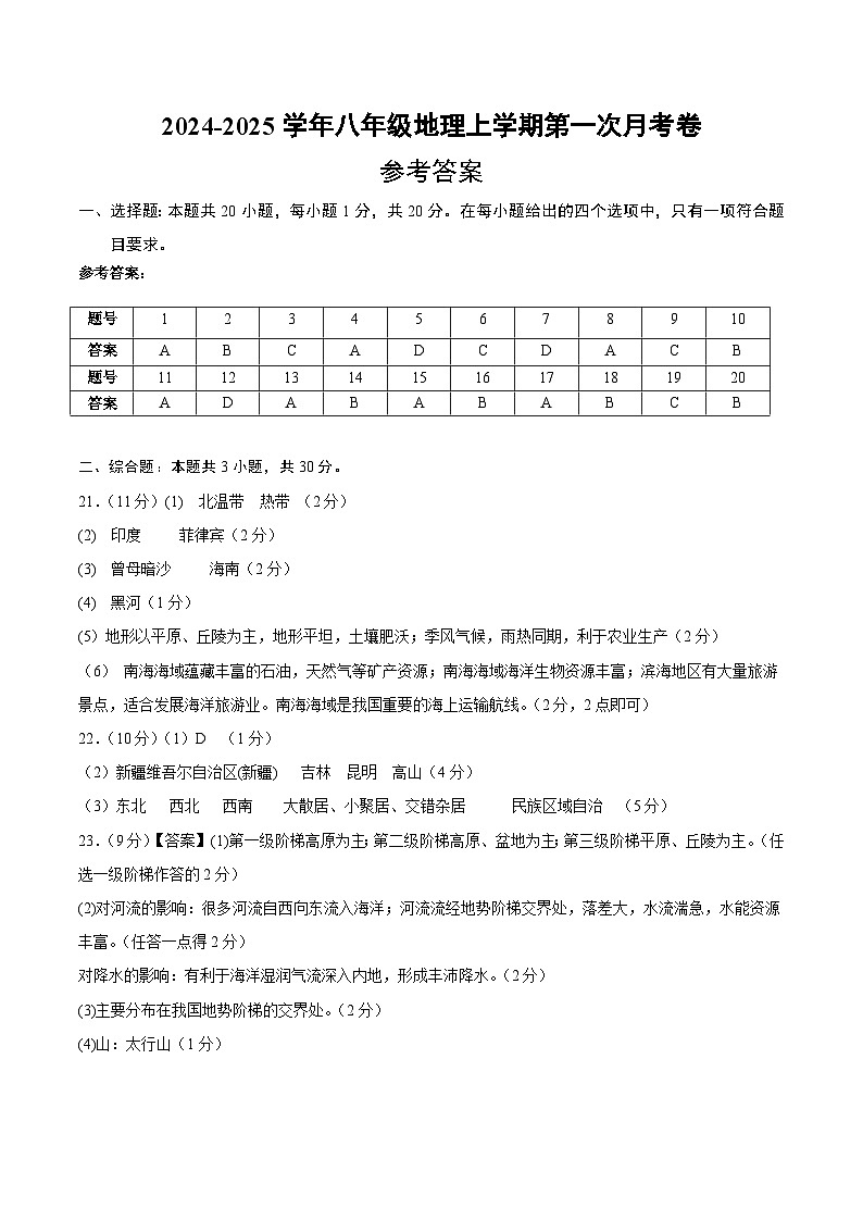 初中地理八年级上册第一次月考卷（晋教版，第1章~第2章第1节）- 含答案解析.zip01