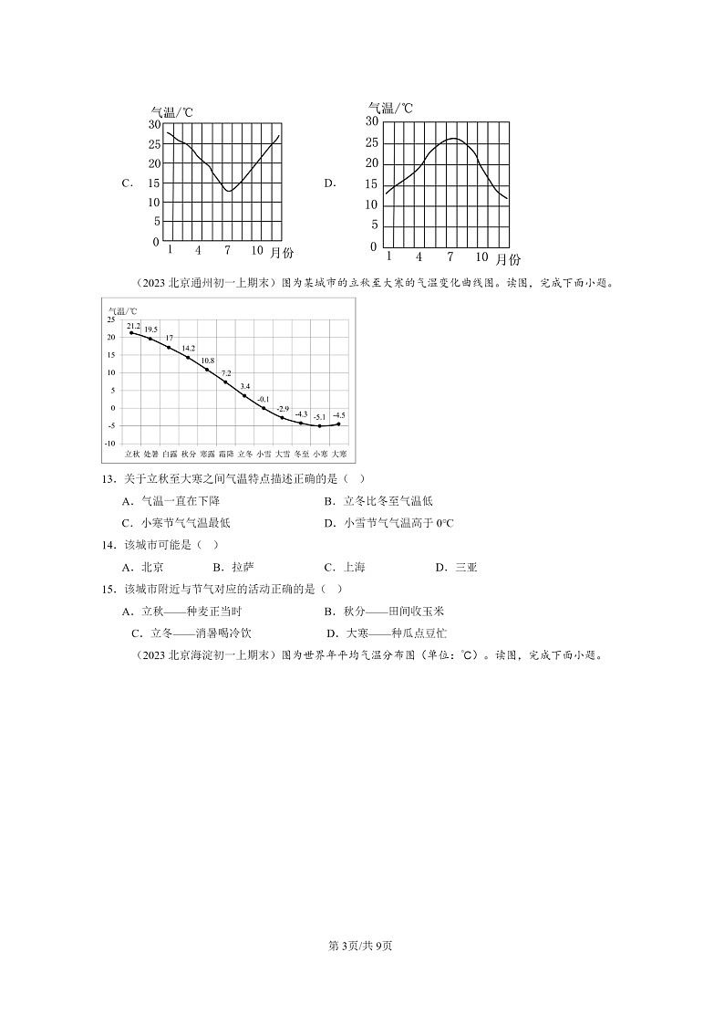 [地理]2022～2024北京重点校初一上学期期末真题分类汇编：气温的变化与分布第3页
