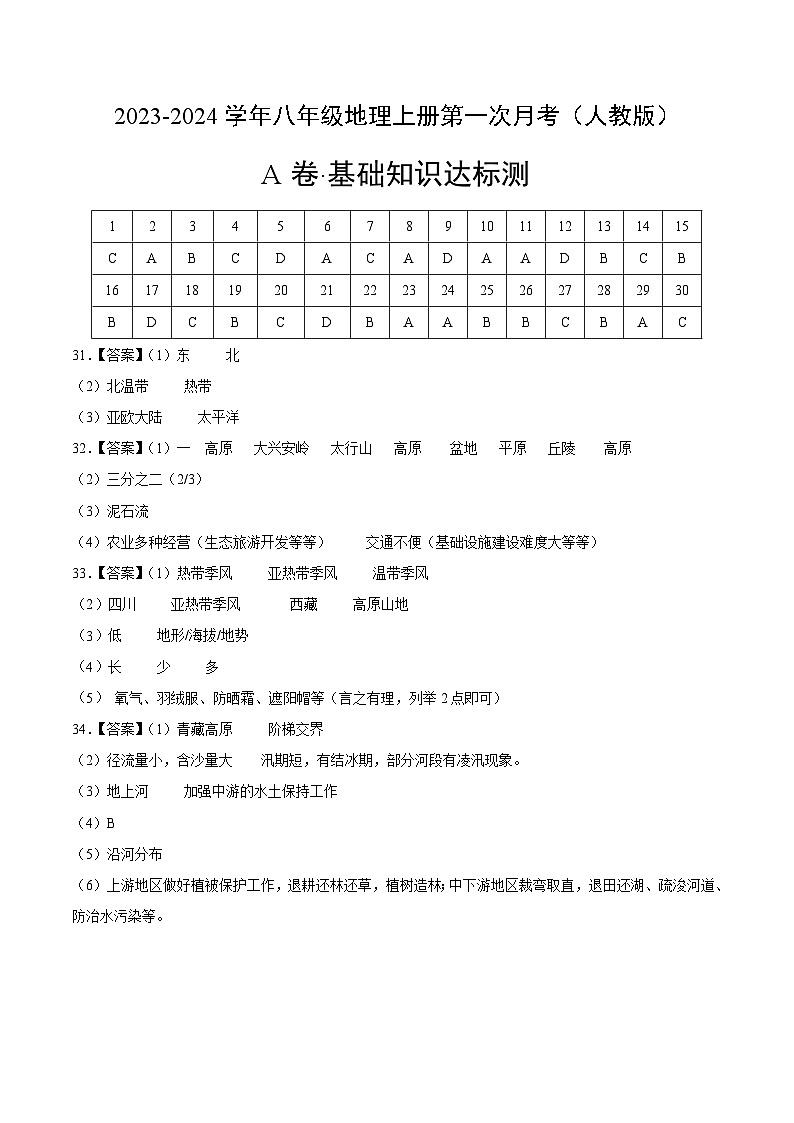第一次月考A卷（人教版）2023-2024学年八年级地理上学期第一次月考01