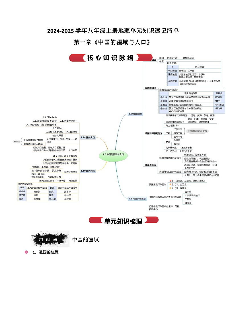 第一章《中国的疆域与人口》-2024-2025学年八年级上册地理单元知识讲义（湘教版）第1页
