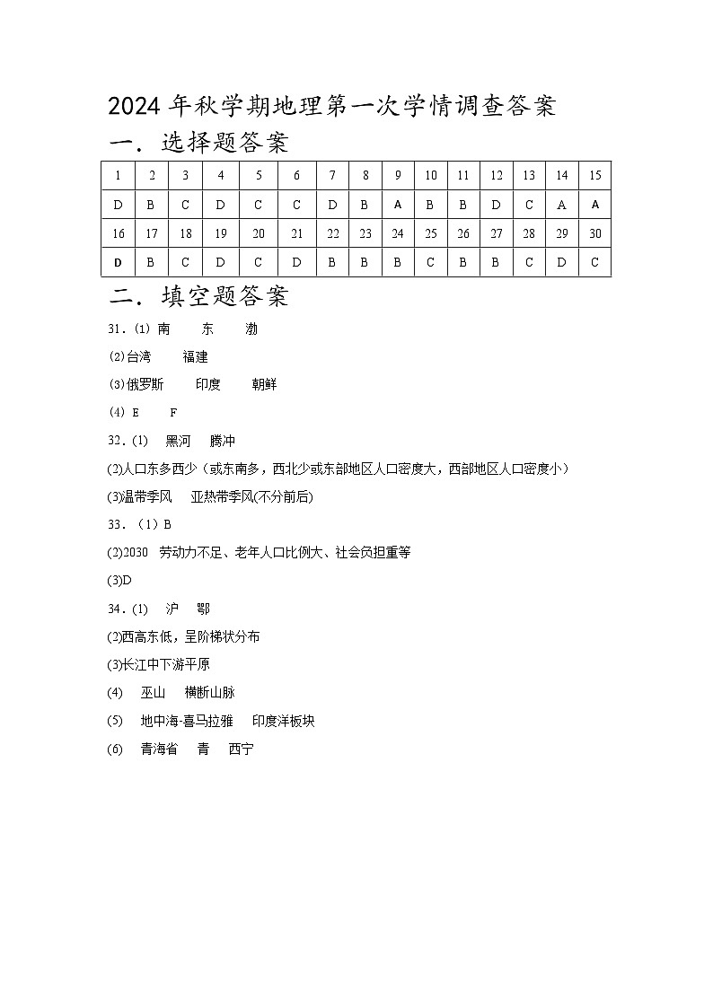 江苏省泰州市姜堰区第一教研站2024-2025学年八年级上学期10月月考地理试题01