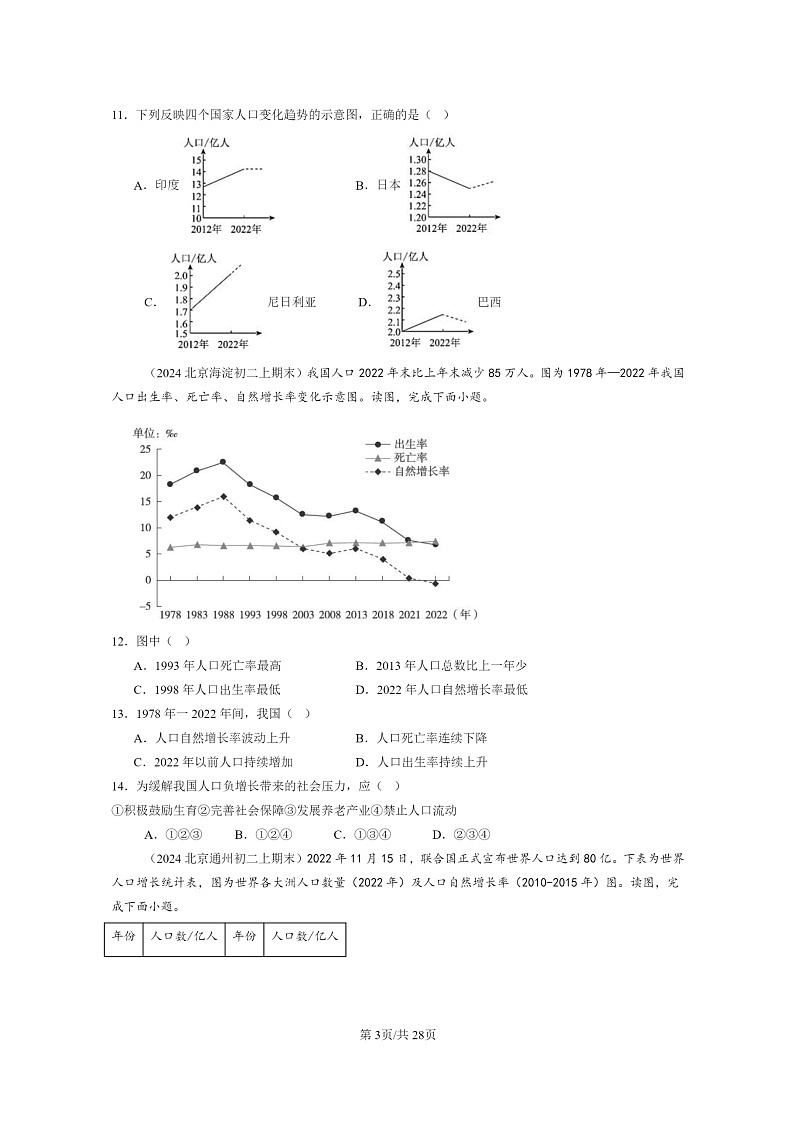[地理]2024北京初二上学期期末真题分类汇编：世界的居民章节综合(中图版)第3页