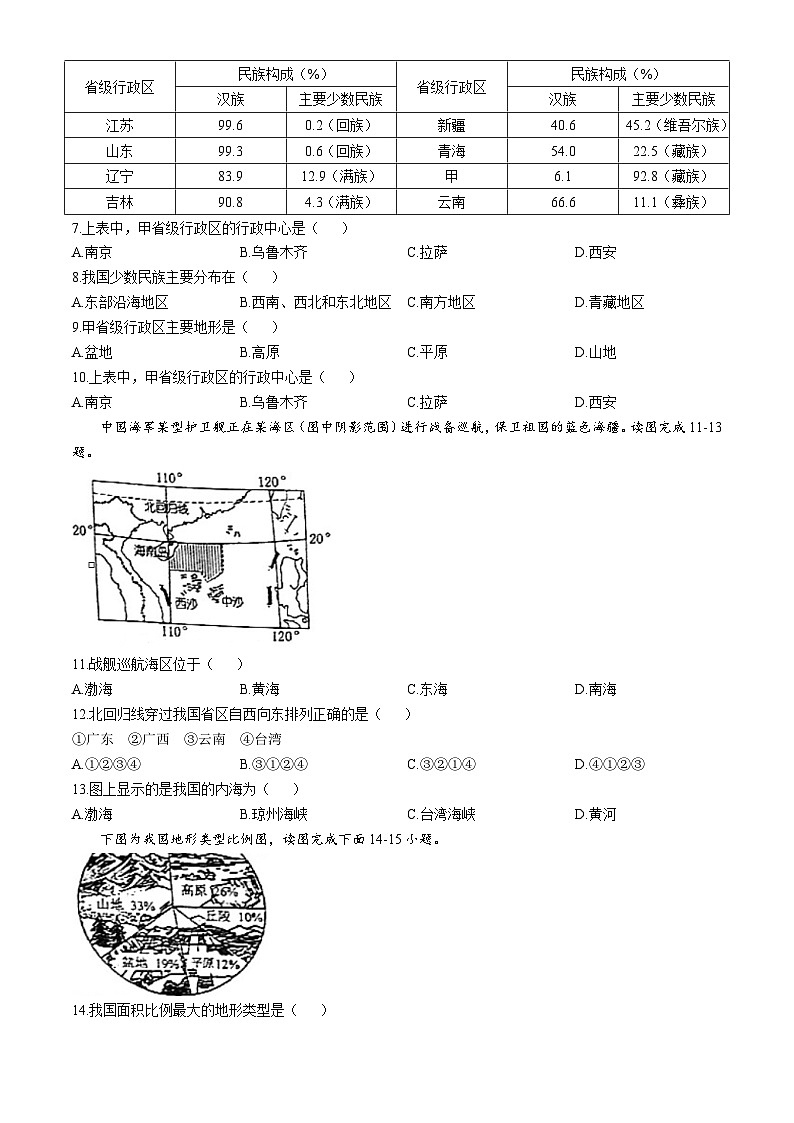广东省江门市怡福中学2024-2025学年八年级上学期第一次月考地理试题(无答案)02