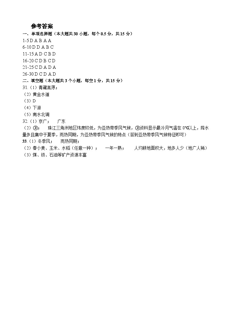 江苏省盐城市射阳实验初级中学2024-2025学年八年级上学期10月月考地理试题01