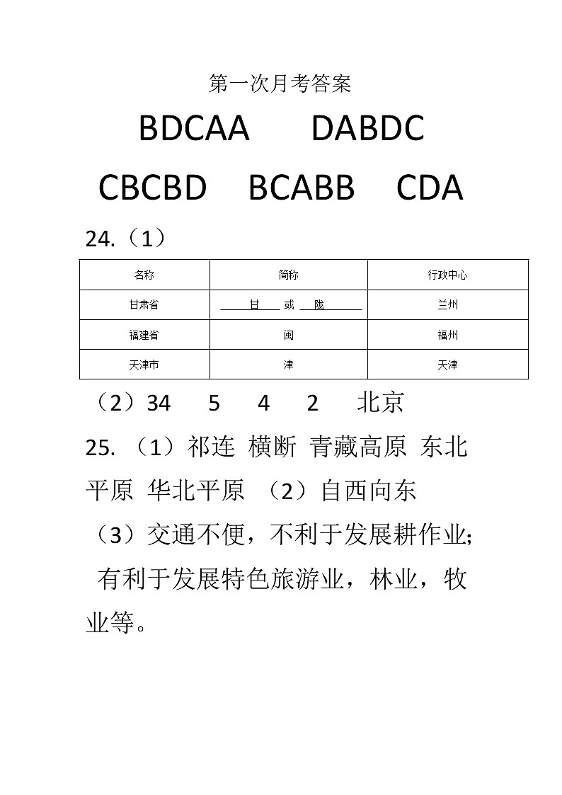 八年级第一次月考答案第1页