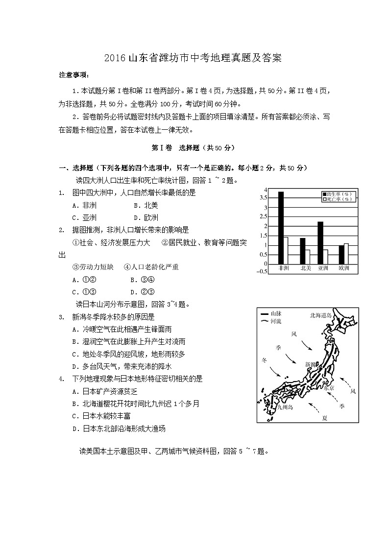 2016山东省潍坊市中考地理真题及答案第1页