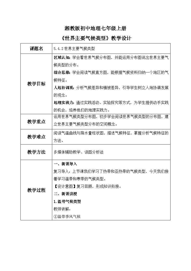 5.4.2世界主要气候类型（教案）-2024湘教版地理七年级上册pptx第1页