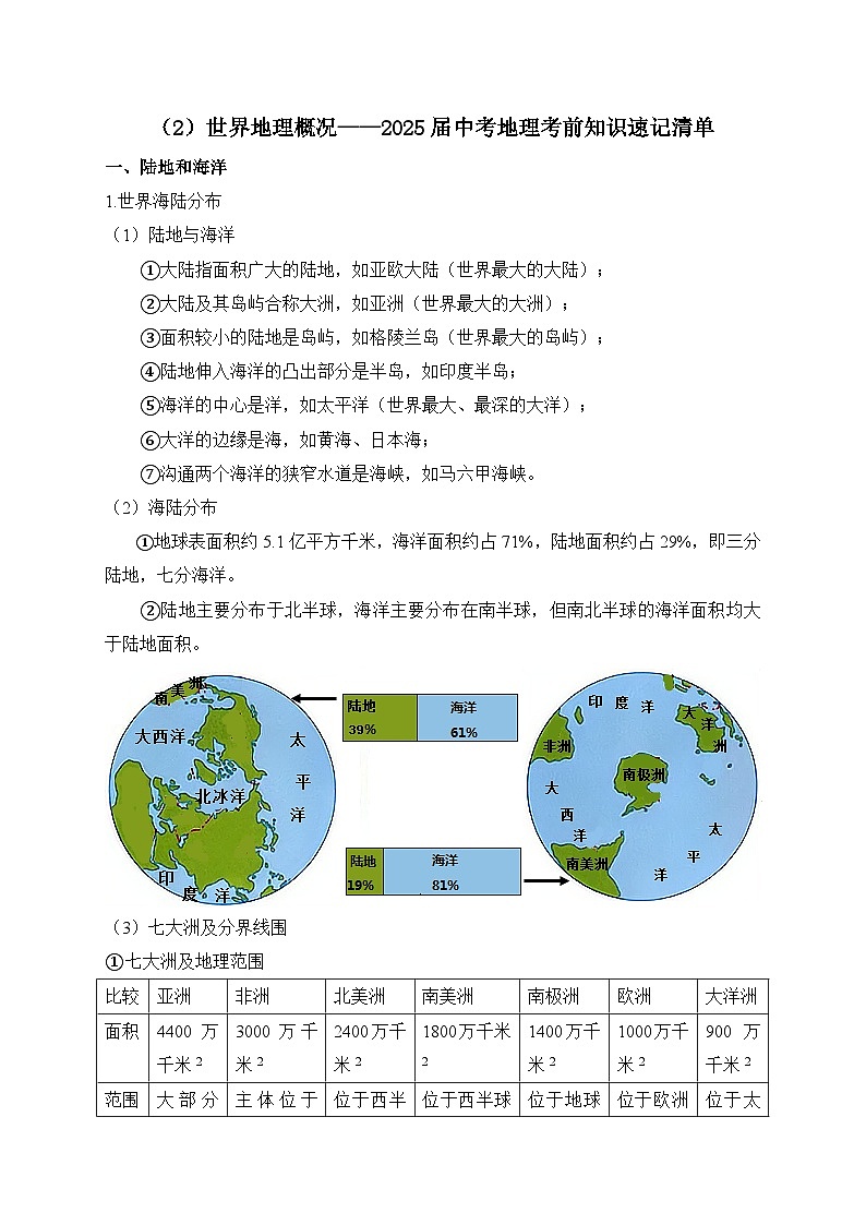 2025年中考地理一轮复习考前速记清单：世界地理概况（讲义）第1页