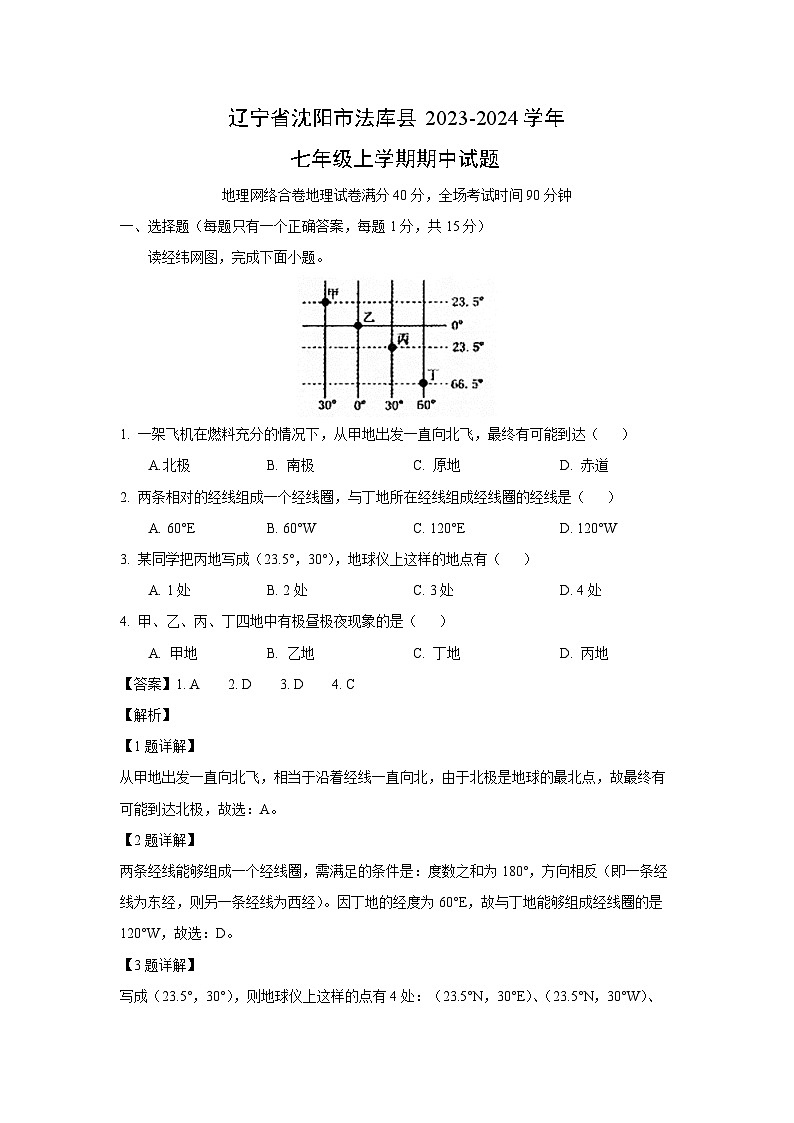 辽宁省沈阳市法库县2023-2024学年七年级上学期期中地理试题（解析版）01