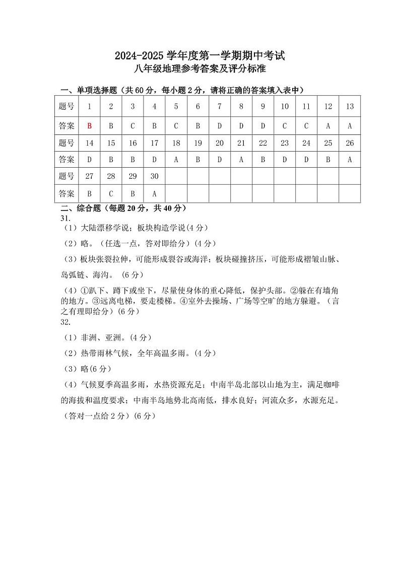 八上地理期中参考答案第1页