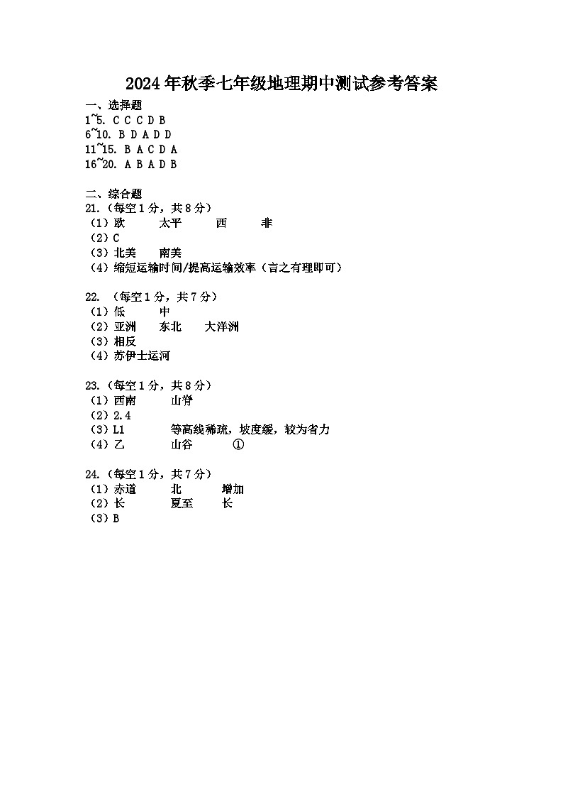 2024年秋七年级地理期中考试参考答案第1页
