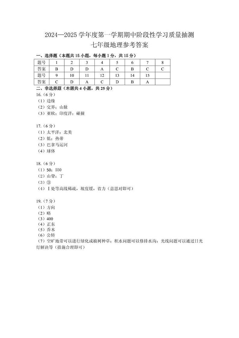 辽宁省大连市甘井子区2024-2025学年七年级上学期期中地理质量抽测答案第1页
