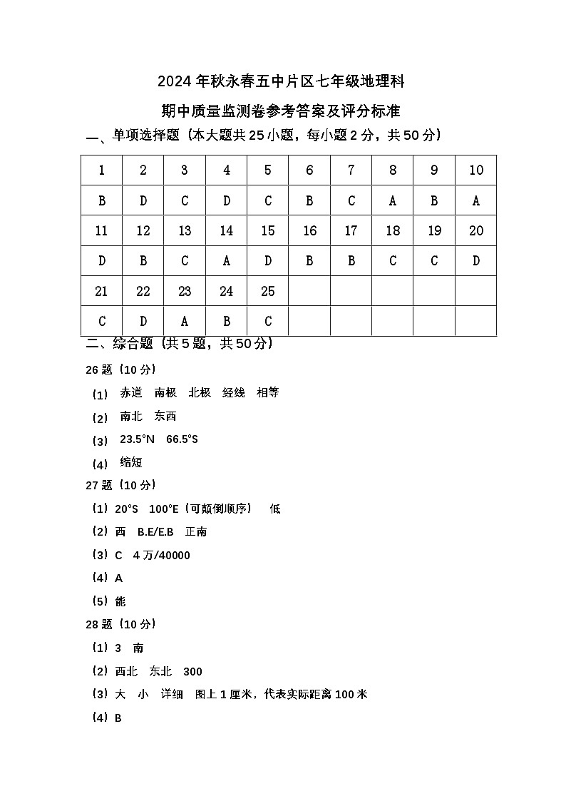 2024年秋永春五中片区七年级地理科期中质量监测卷参考答案第1页