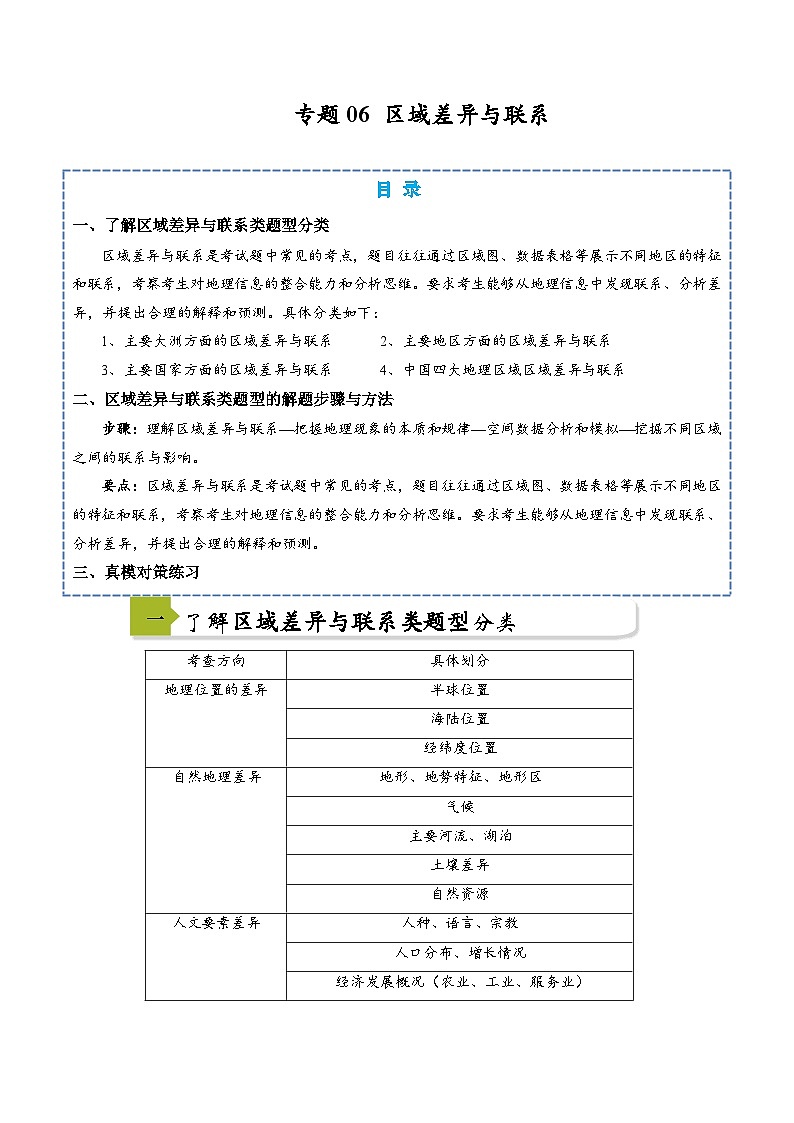 中考地理二轮热点题型归纳与变式演练(全国通用)专题06区域差异与联系(原卷版+解析)第1页