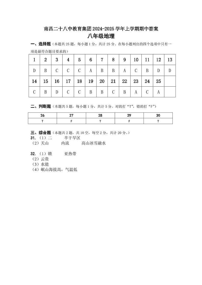 24八年级地理答案第1页
