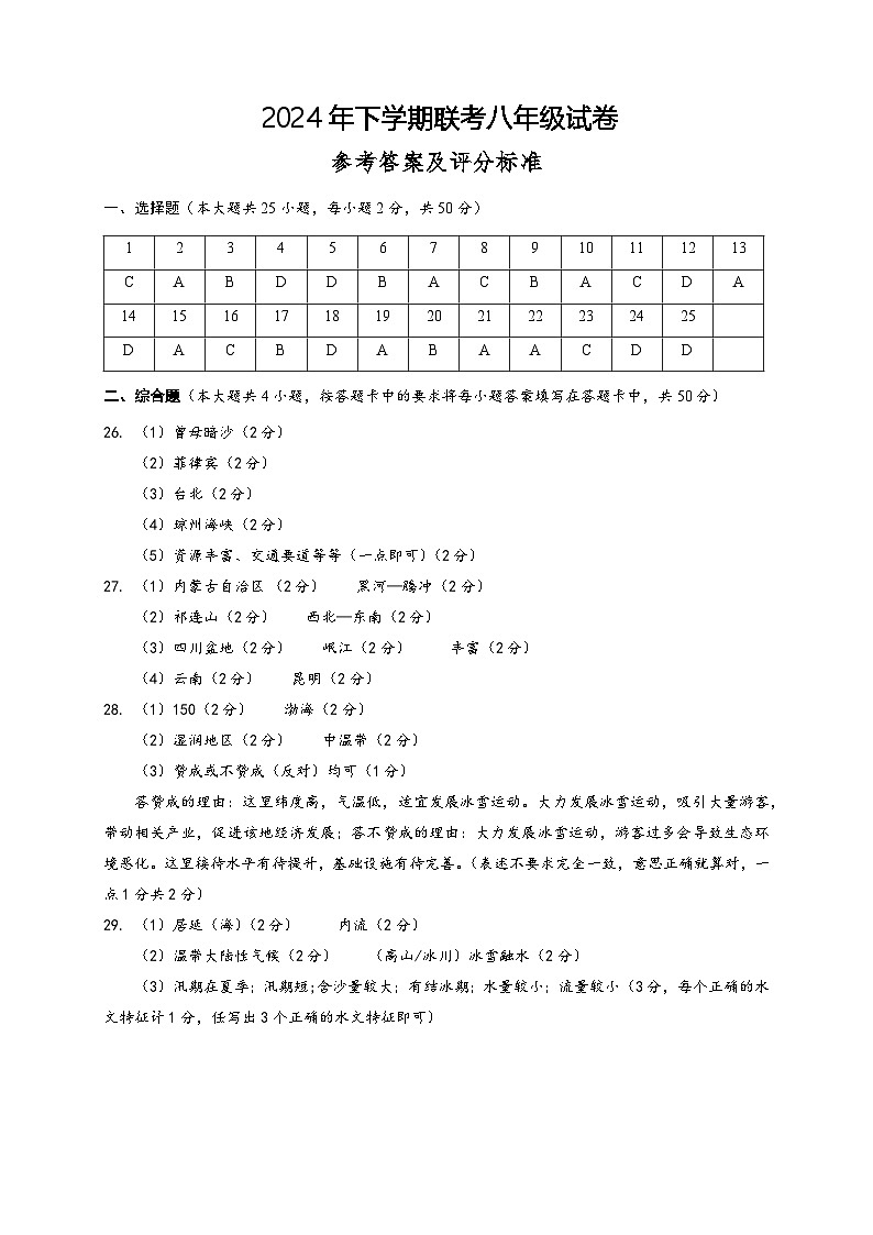 2024年下学期联考八年级期中地理参考答案01