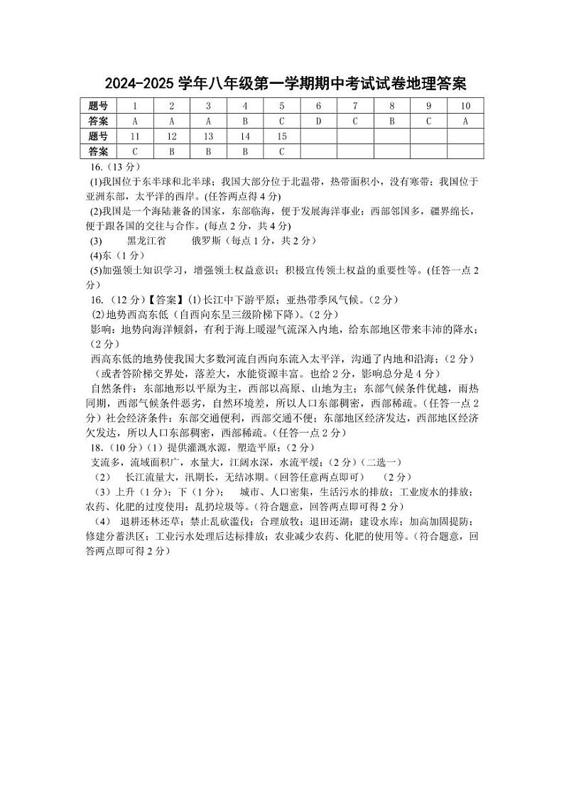 山西省忻州市某校2024-2025学年八年级上学期期中考试地理试题01