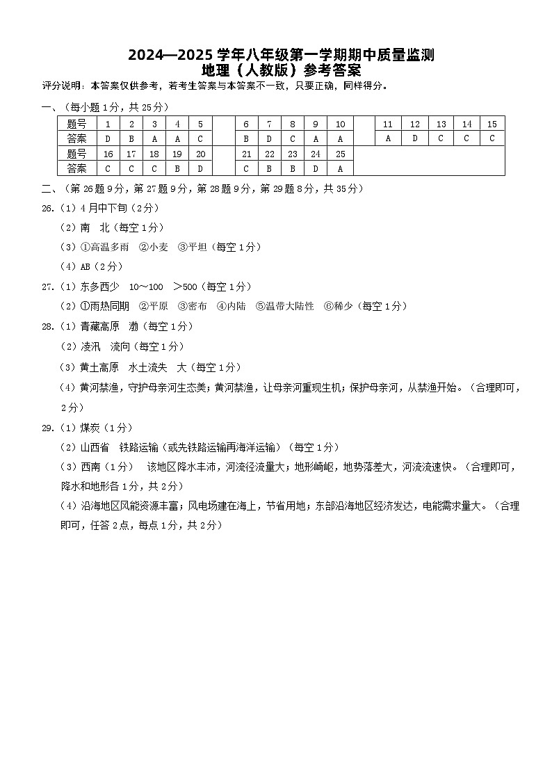 河北省保定市阜平县2024-2025学年八年级上学期期中地理试题01