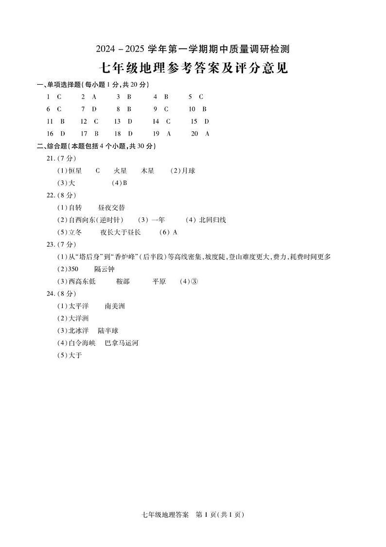 河南省洛阳市伊川县2024-2025学年七年级上学期期中地理试题01
