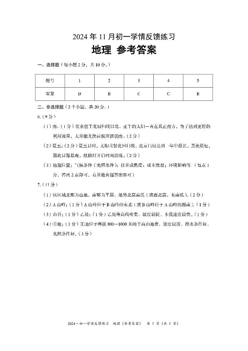 【答案】【地理】【七年级】2024年11月初一学情反馈练习(1)第1页