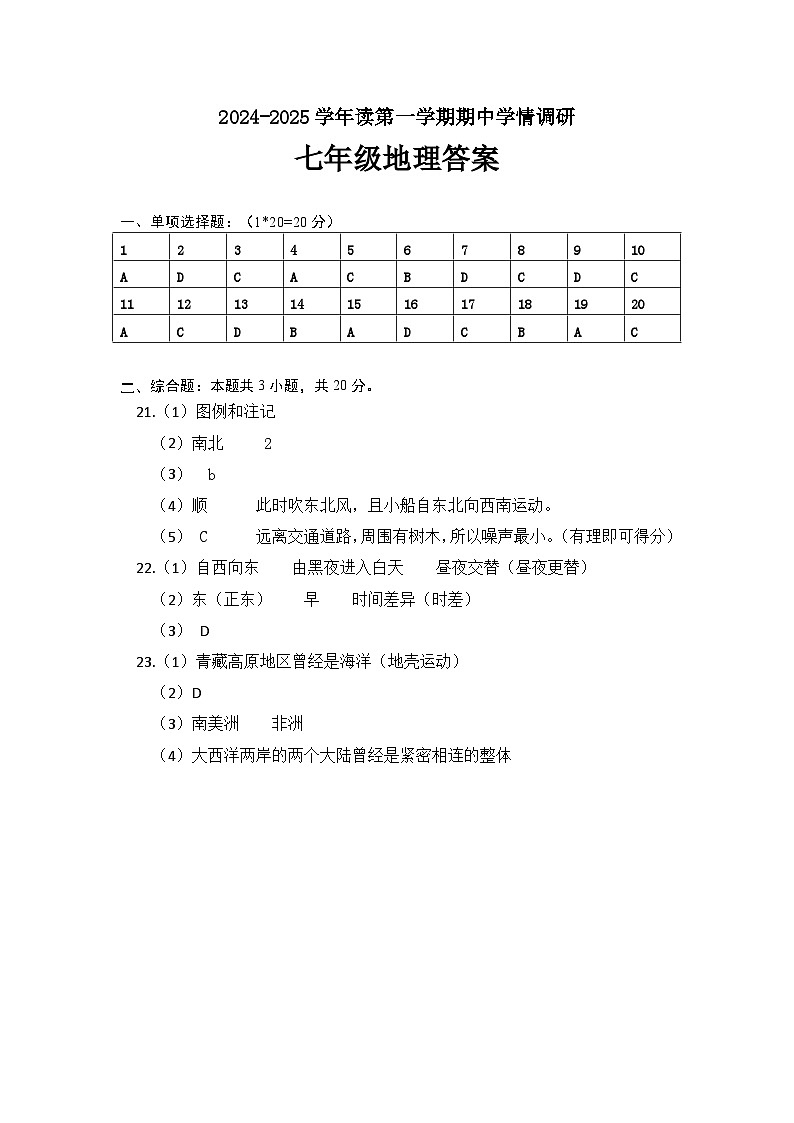 江苏省丰县2024-2025学年七年级上学期期中考试地理试题01