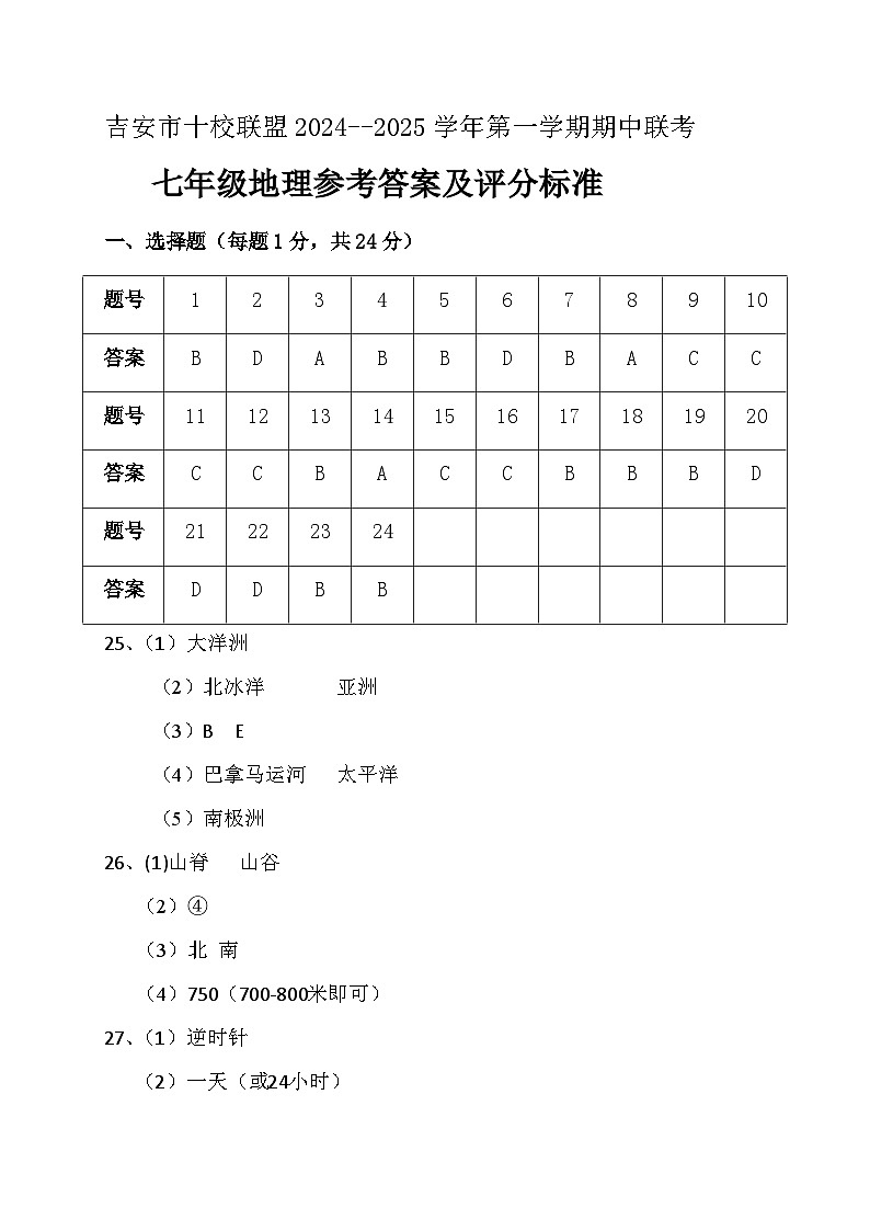 七年级地理参考答案第1页