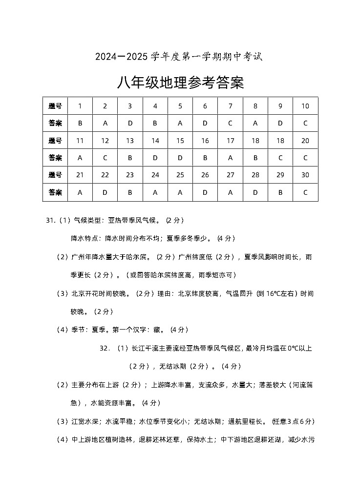 八年级地理期中参考答案第1页